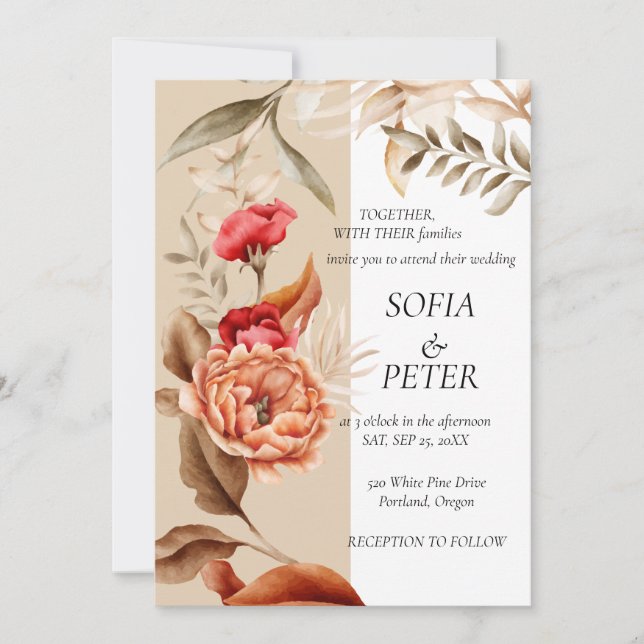 Elegant Rustic Neutral Boho Floral Invitation (Front)