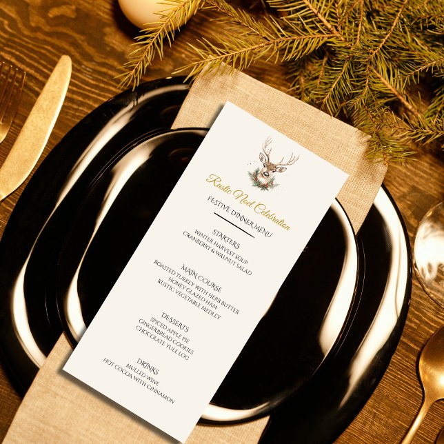 Elegant Rustic Noël Christmas Dinner Menu Card (Rustic Noel Christmas menu card — rustic elegance with a grand reindeer. Customizable.)