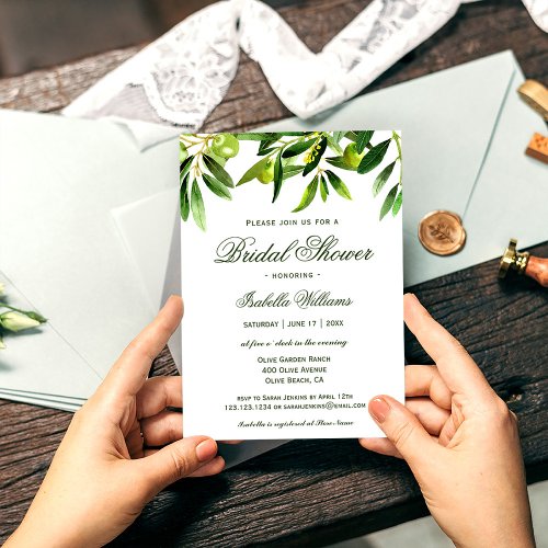 Elegant Rustic Olive Boho Summer Bridal Shower Invitation