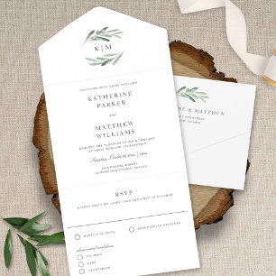 Elegant Rustic Olive Branch Watercolor Wedding All In One Invitation