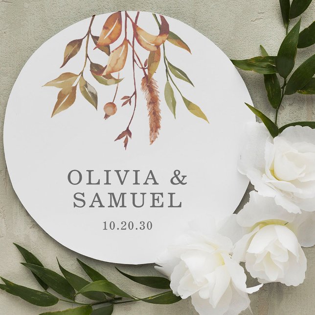 Elegant Rustic Orange Brown Green Leaves Wedding  Classic Round Sticker (Creator Uploaded)