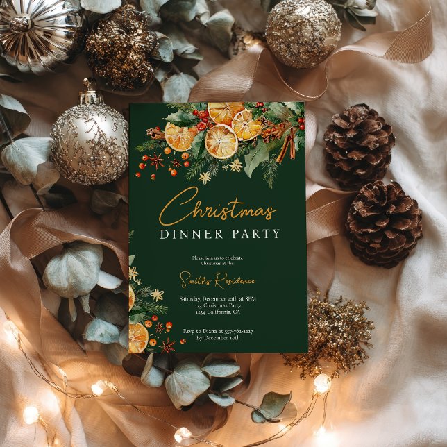 Elegant Rustic Orange Pine Christmas Party Green Invitation (Elegant Rustic Orange Pine Christmas Party Green Invitation)