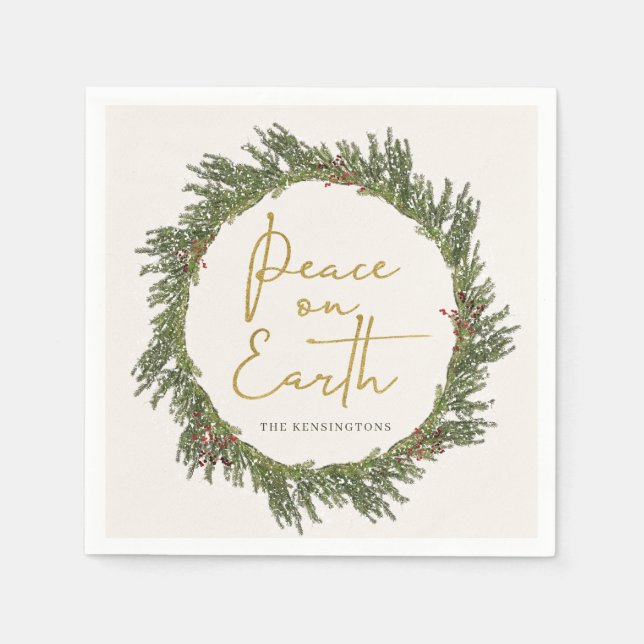Elegant Rustic Peace on Earth Christmas Wreath Napkins (Front)