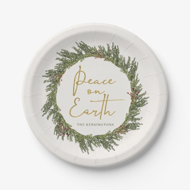 Elegant Rustic Peace on Earth Christmas Wreath Paper Plates (Front)