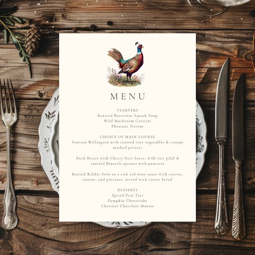 Elegant Rustic Pheasant Fall Hunting Dinner Menu