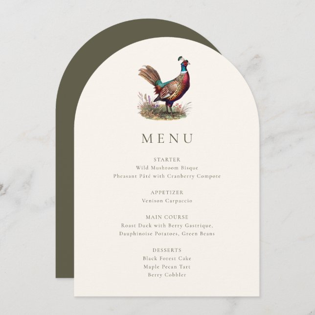 Elegant Rustic Pheasant Fall Hunting Menu Card (Front/Back)