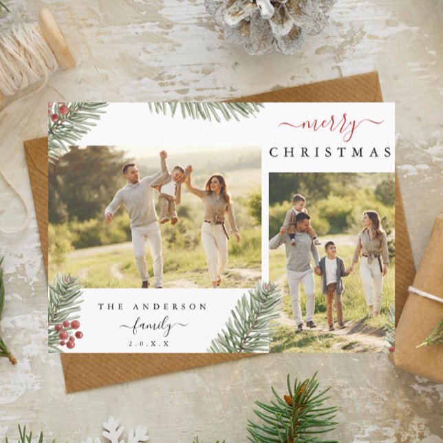 Elegant Rustic Pine Christmas 2 Custom Photo Invit Holiday Card (Creator Uploaded)