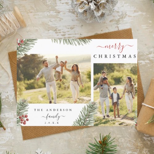 Elegant Rustic Pine Christmas 2 Custom Photo Invit Holiday Postcard