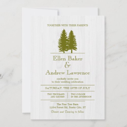 Elegant Rustic Pine Trees on White Wood Background 5x7 Paper Invitation Card