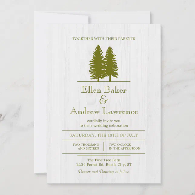 Elegant Rustic Pine Trees on White Wood Background Invitation | Zazzle