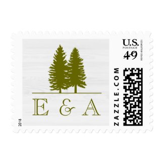 Elegant Rustic Pine Trees on White Wood Background Postage Stamps at UniqueRusticWeddingInvitations.com