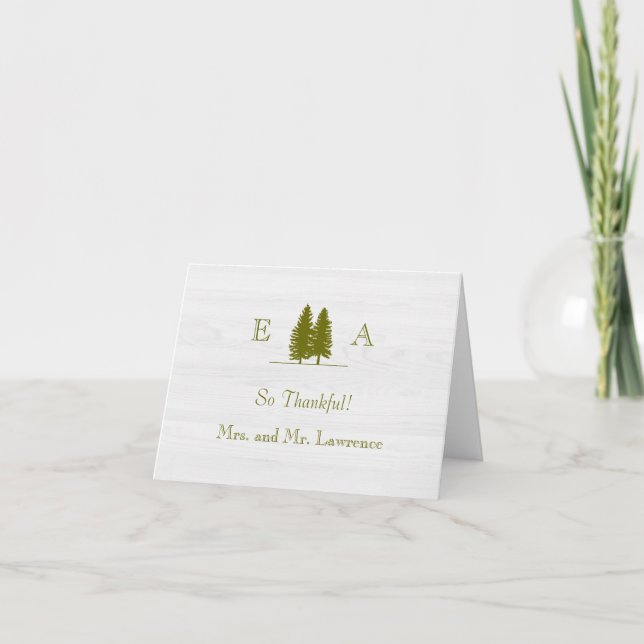 Elegant Rustic Pine Trees on White Wood Background Thank You Card (Front)