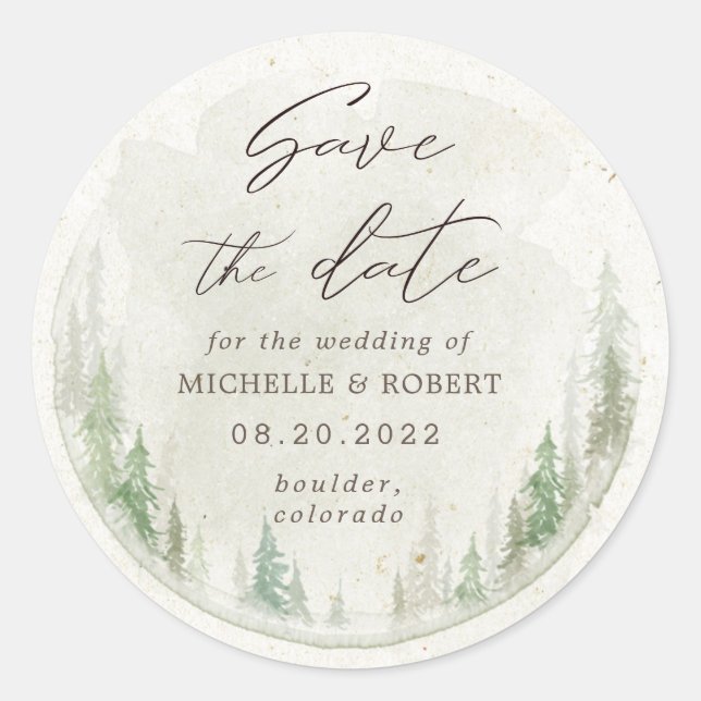 Elegant Rustic Pine Trees Save The Date Classic Round Sticker (Front)