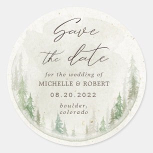 Elegant Rustic Pine Trees Save The Date Classic Round Sticker