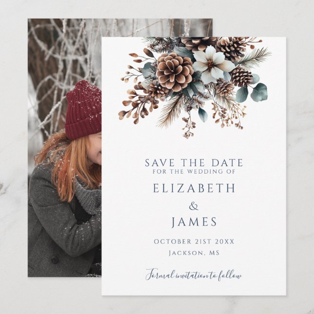 Elegant Rustic Pinecones Floral Photo Wedding Save The Date (Front/Back)