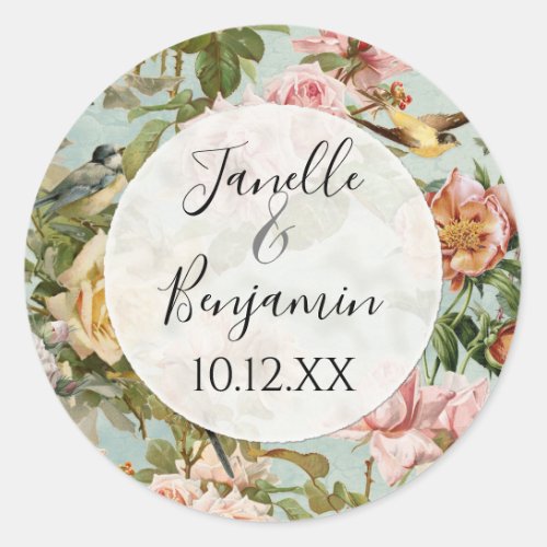Elegant Rustic Pink Floral Country Vintage Wedding Classic Round Sticker