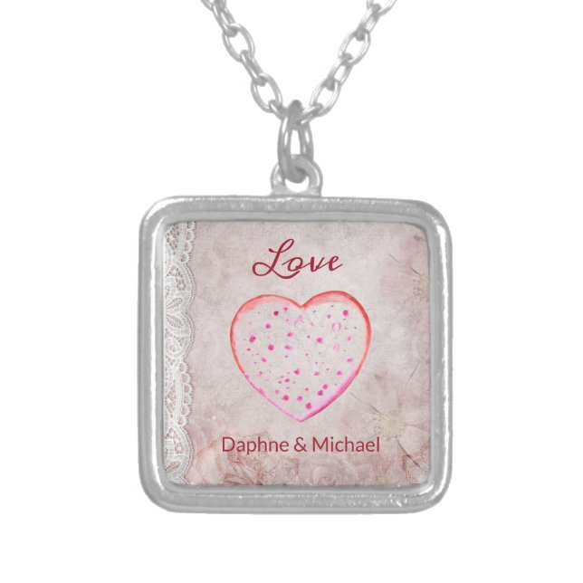 Elegant Rustic Pink Modern Simple Chic Heart Silver Plated Necklace (Front)