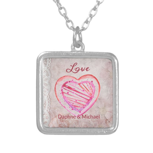 Elegant Rustic Pink Modern Simple Chic Heart Silver Plated Necklace (Front)