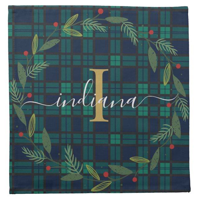 Elegant Rustic Plaid Monogram Script Wreath Tartan Cloth Napkin (Front)