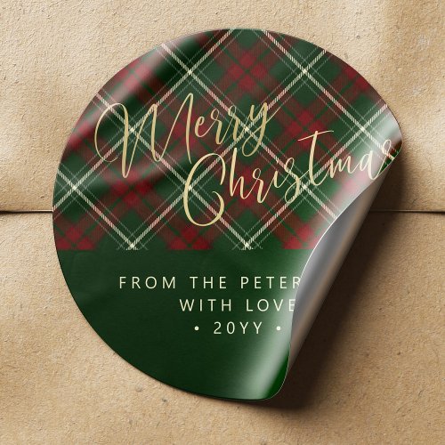 Elegant rustic plaid red and green Merry Christmas Classic Round Sticker