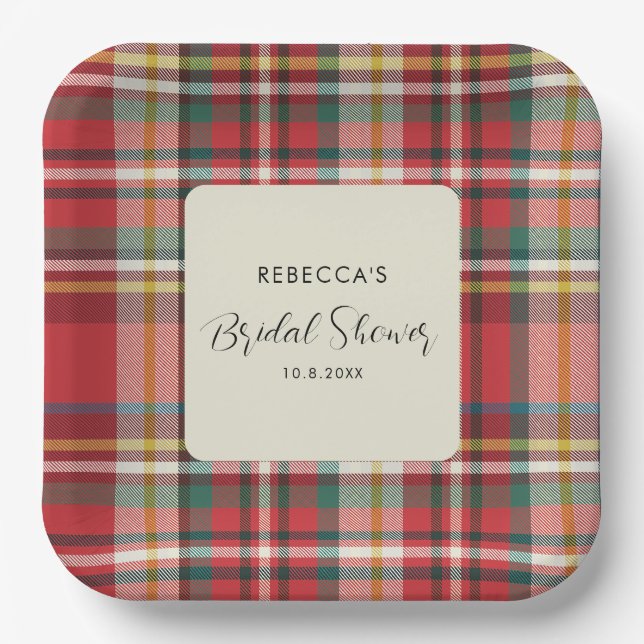 Elegant Rustic Plaid Script Bridal Shower Paper Plates (Front)
