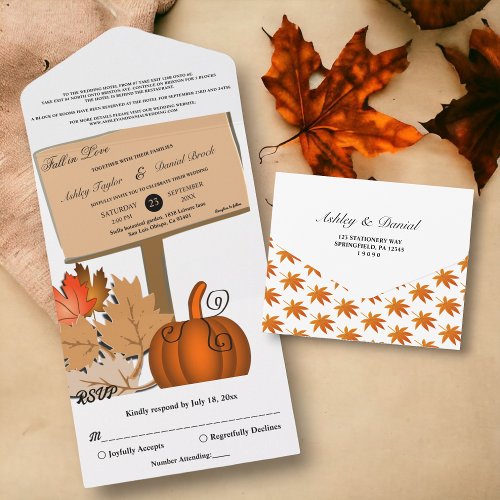 Elegant Rustic Pumpkin Autumn Leaves Fall Wedding All In One Invitation