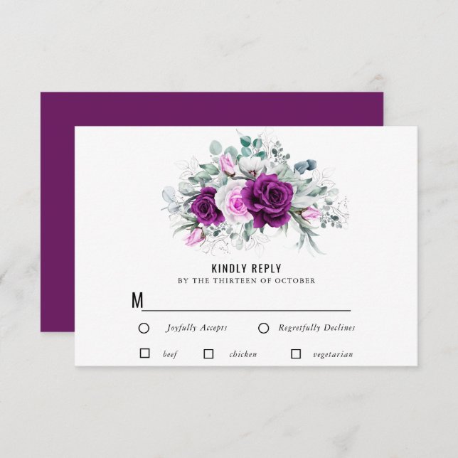 Elegant Rustic Purple Blush Floral Wedding RSVP Card (Front/Back)