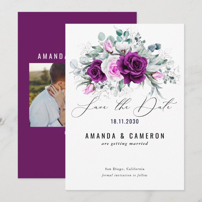 Elegant Rustic Purple Blush Floral Wedding  Save The Date (Front/Back)