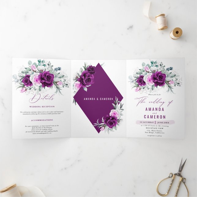 Elegant Rustic Purple Blush Geometric Wedding Tri-Fold Announcement (Inside)