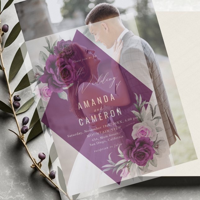 Elegant Rustic Purple Blush Geometric Wedding Vellum Invitations (Creator Uploaded)