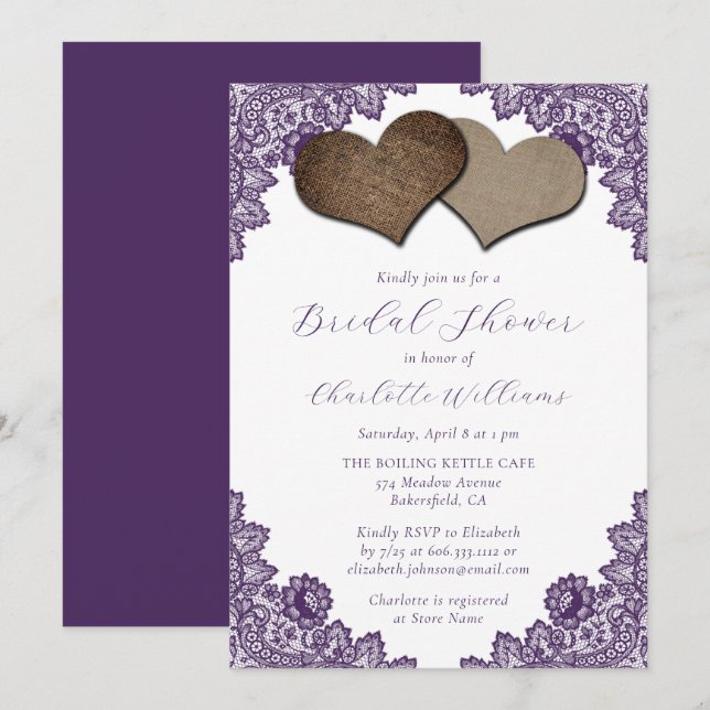 Elegant Rustic Purple Floral Lace Bridal Shower Invitation (Front/Back)