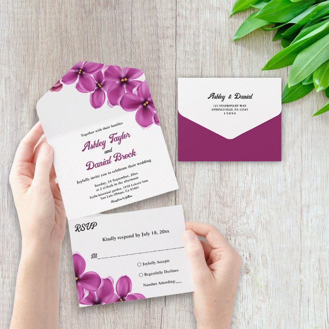 Elegant Rustic Purple Flower Summer Floral Wedding All In One Invitation (Creator Uploaded)
