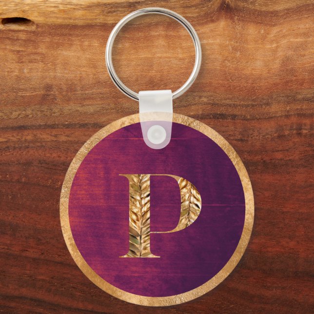 Elegant Rustic Purple & Gold Personalized Monogram Keychain (Front)