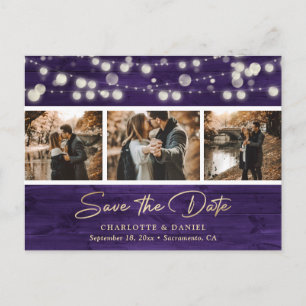 Elegant Rustic Purple Gold Wood Photo Wedding Announcement Postcard