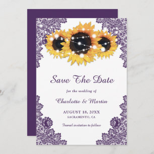 Elegant Rustic Purple Sunflower Wedding Save The Date