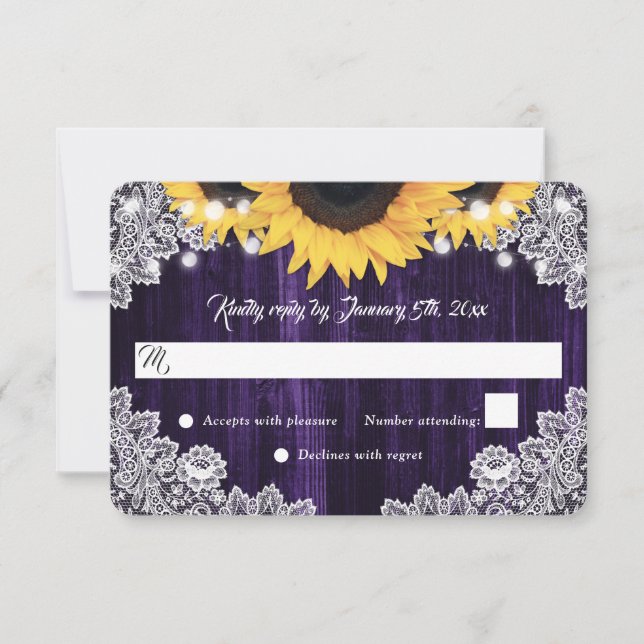 Elegant Rustic Purple Wood Lace Sunflower Wedding RSVP Card (Front)