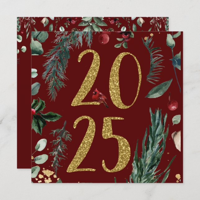 Elegant Rustic Red 2025 New Years Holiday Card (Front/Back)