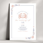Elegant Rustic Red & Blue Beach Wedding Crab Invitation<br><div class="desc">Illustration of crab at top with line art seashell botanical border. Text and illustrations are blue and faded red.</div>