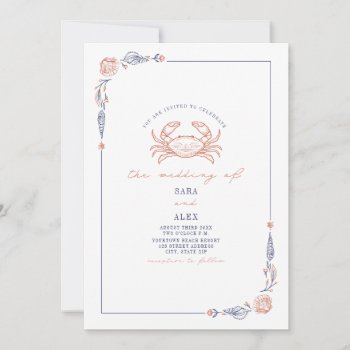 Elegant Rustic Red & Blue Beach Wedding Crab Invitation by JillsPaperie at Zazzle