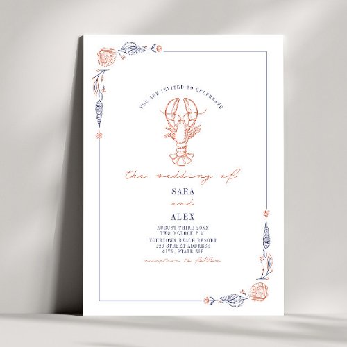 Elegant Rustic Red  Blue Beach Wedding Lobster Invitation