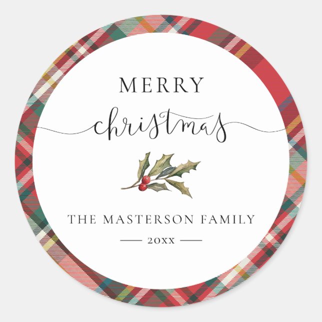 Elegant Rustic Red Checkered Plaid Christmas Classic Round Sticker (Front)