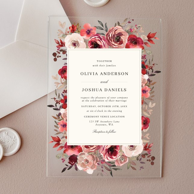 Elegant Rustic Red Floral Fall Wedding Acrylic Invitations (Creator Uploaded)