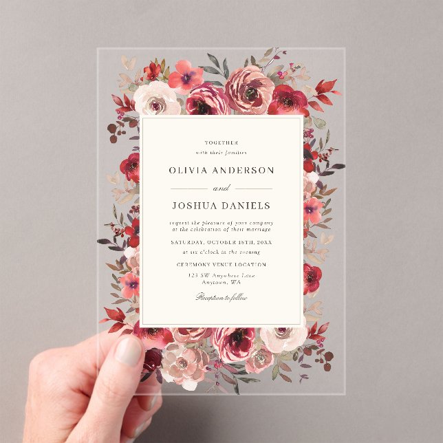 Elegant Rustic Red Floral Fall Wedding Acrylic Invitations (Insitu (Handheld))