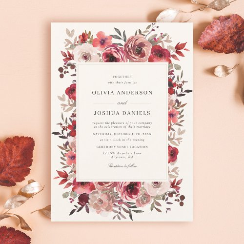 Elegant Rustic Red Floral Fall Wedding Invitation