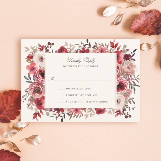 Elegant Rustic Red Floral Fall Wedding RSVP Card (Creator Uploaded)