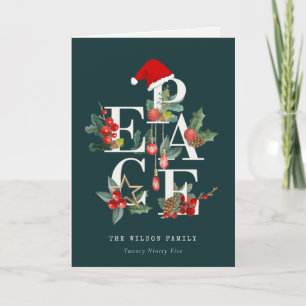 Elegant Rustic Red Green Peace Christmas Foliage Holiday Card