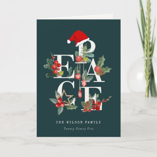 Elegant Rustic Red Green Peace Christmas Foliage Holiday Card
