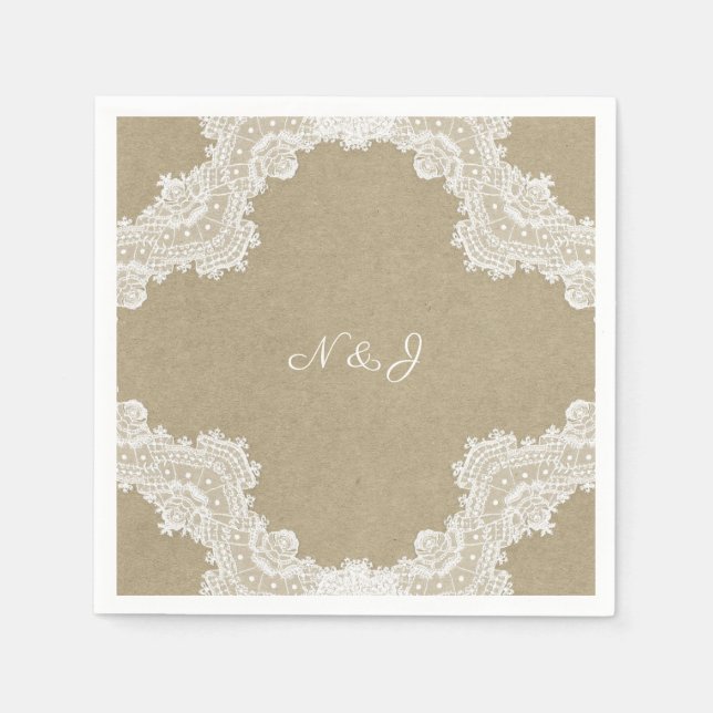 Elegant Rustic Romance White Lace & Kraft Wedding Napkins (Front)