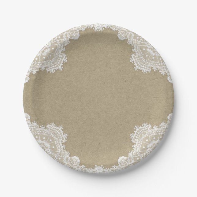 Elegant Rustic Romance White Lace & Kraft Wedding Paper Plates (Front)
