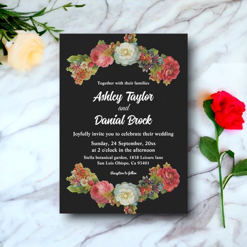 Elegant Rustic Romantic Boho Black Floral Wedding Invitation